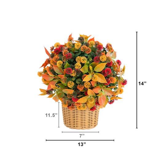 14" UV Resistant Autumn Artificial Mixed Fall Mum in Wicker Basket